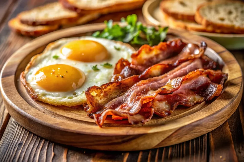 Crispy beef bacon with eggs and toast on a wooden plate