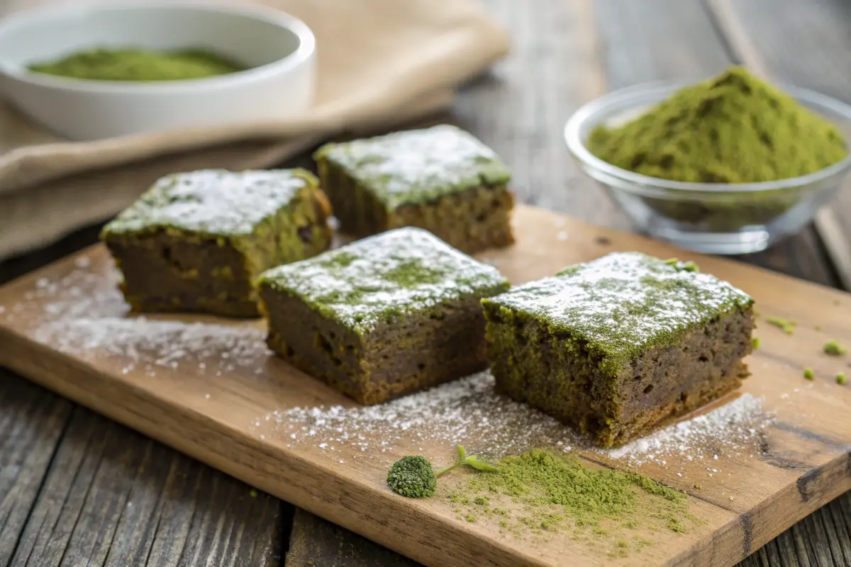 Freshly baked matcha brownies with powdered sugar and matcha powder.