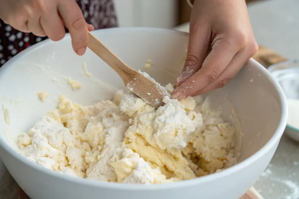 Mixing the ingredients for a homemade snow cream recipe with a spatula.