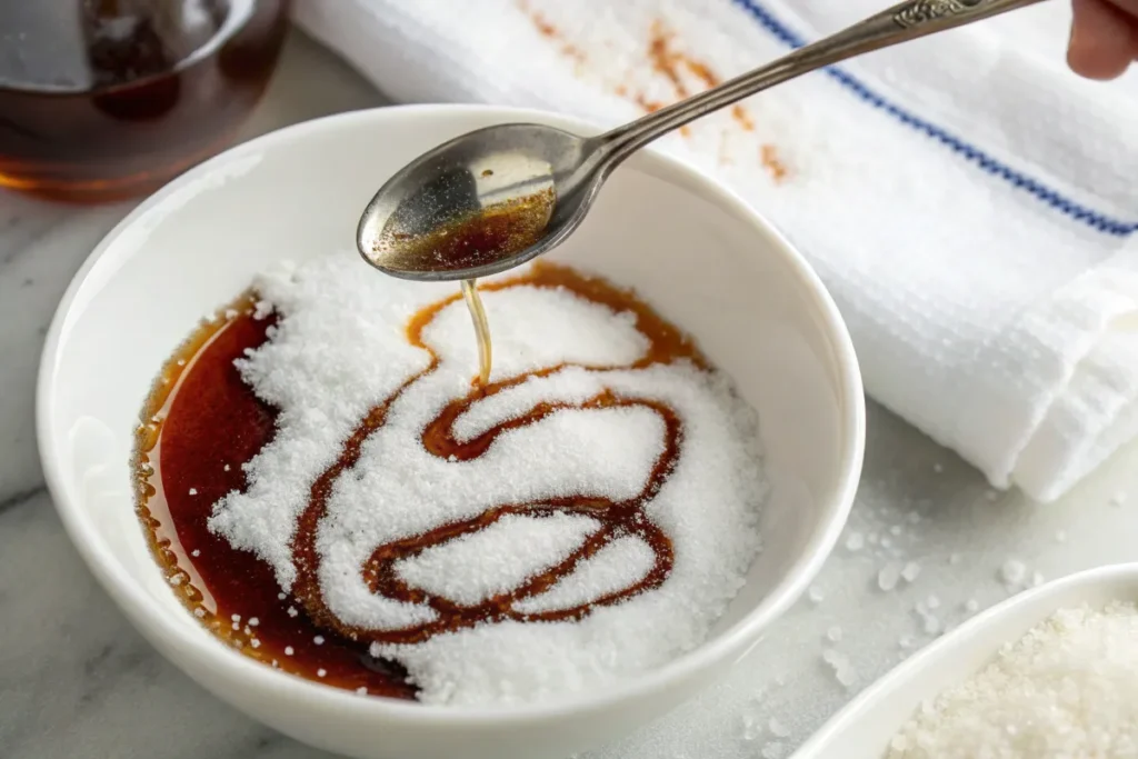 Drizzling vanilla extract over fresh snow for a vanilla snow cream recipe