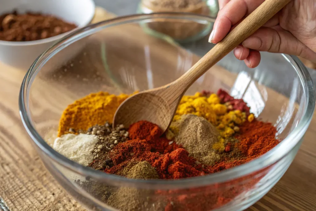 Mixing homemade chicken taco seasoning in a clear bowl with a wooden spoon.