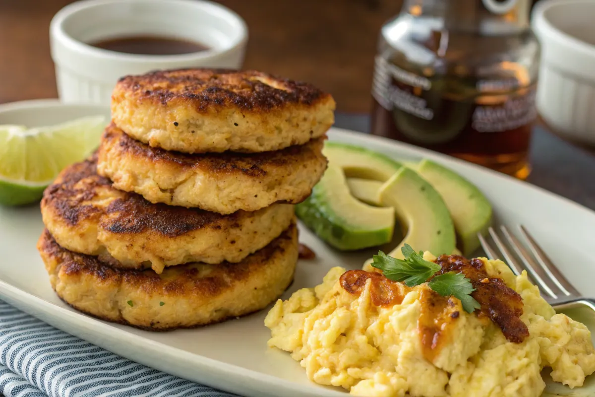 Breakfast ground chicken patties served with eggs and avocado.