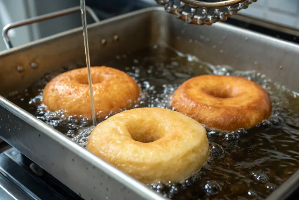 Buttermilk donuts frying in hot oil, turning golden brown with bubbles forming