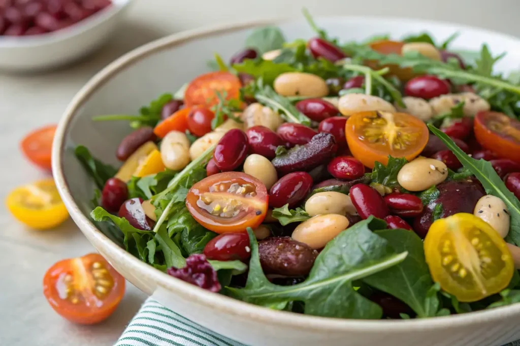 Cranberry bean salad with fresh greens and tomatoes.