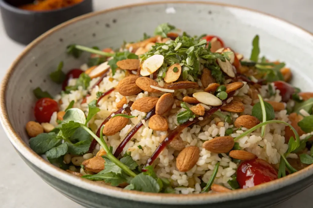 A bowl of crispy rice salad topped with almonds and herbs.