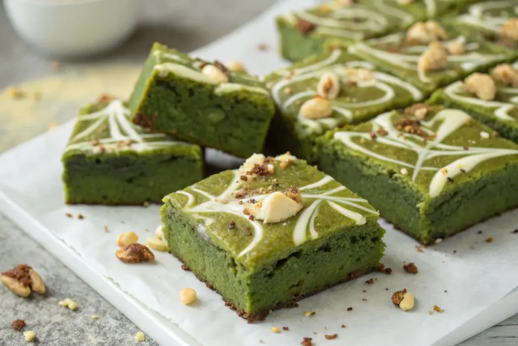 Matcha brownies with white chocolate swirls and chopped nuts.