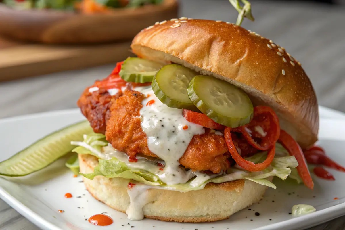 Crispy Buffalo Chicken Sandwich with ranch and lettuce on a brioche bun.