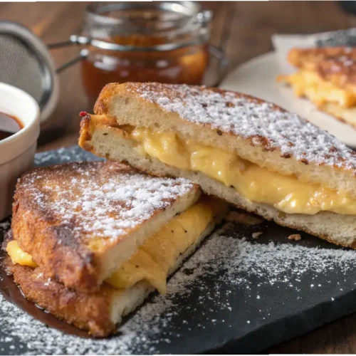 A crispy French toast sandwich featuring melted cheese and drizzled with syrup.