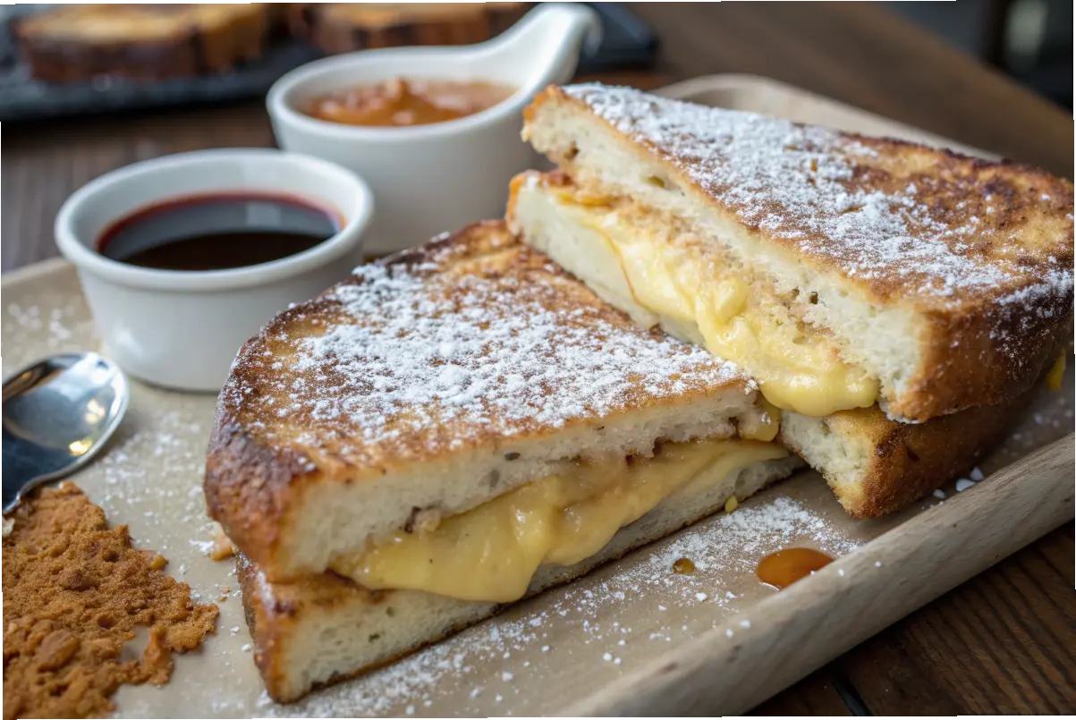 Crispy French toast sandwich with melted cheese and syrup.