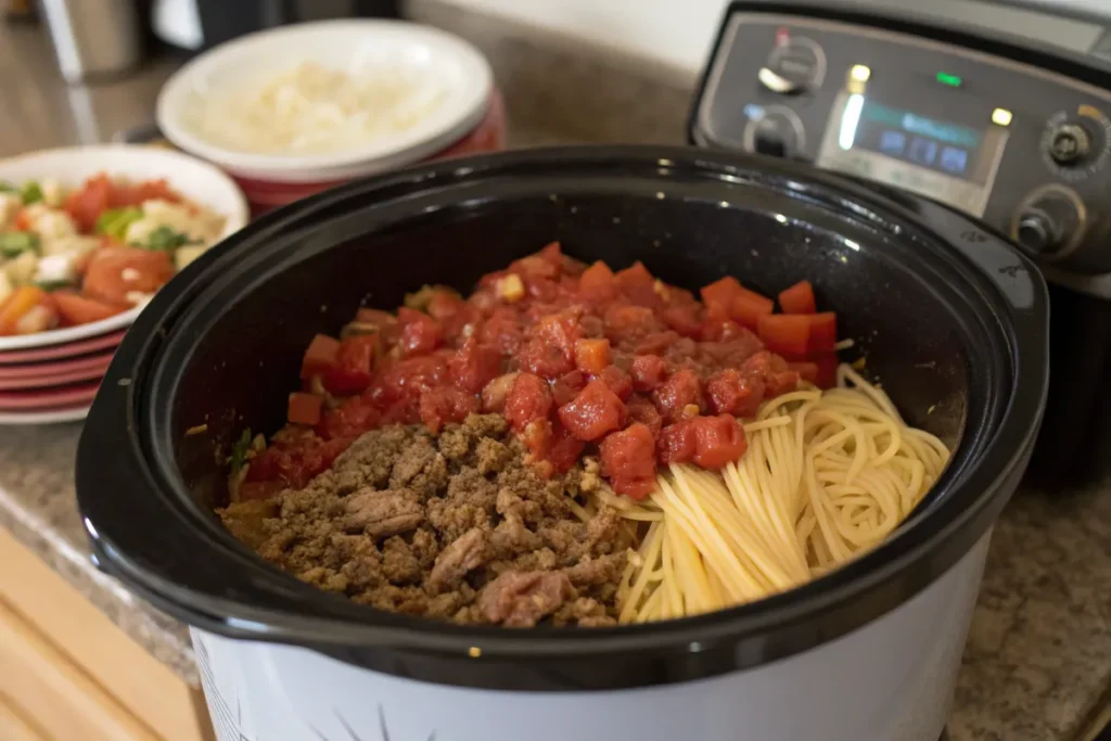 Crockpot filled with spaghetti sauce, tomatoes, and beef.