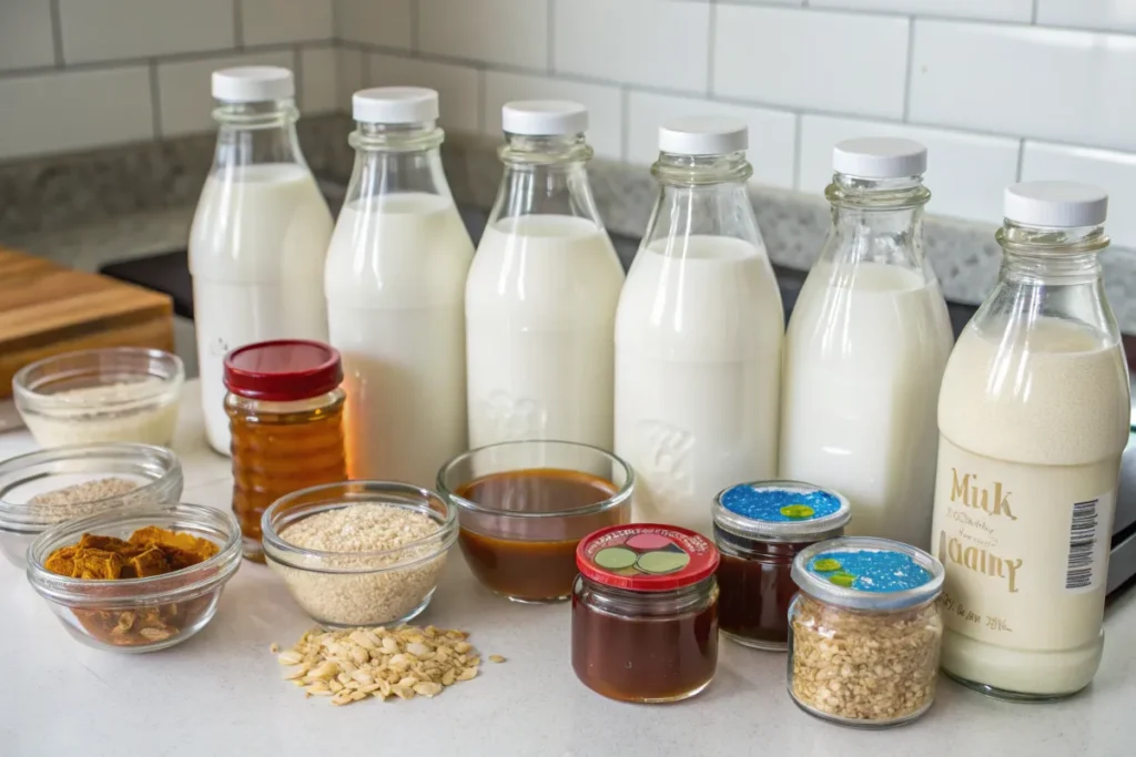 Various creamy base ingredients for snow cream, including milk, sweeteners, and vanilla extract