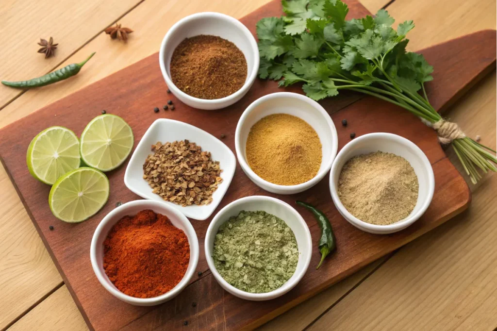 Ingredients for homemade chicken taco seasoning, including chili powder, cumin, paprika, and garlic powder