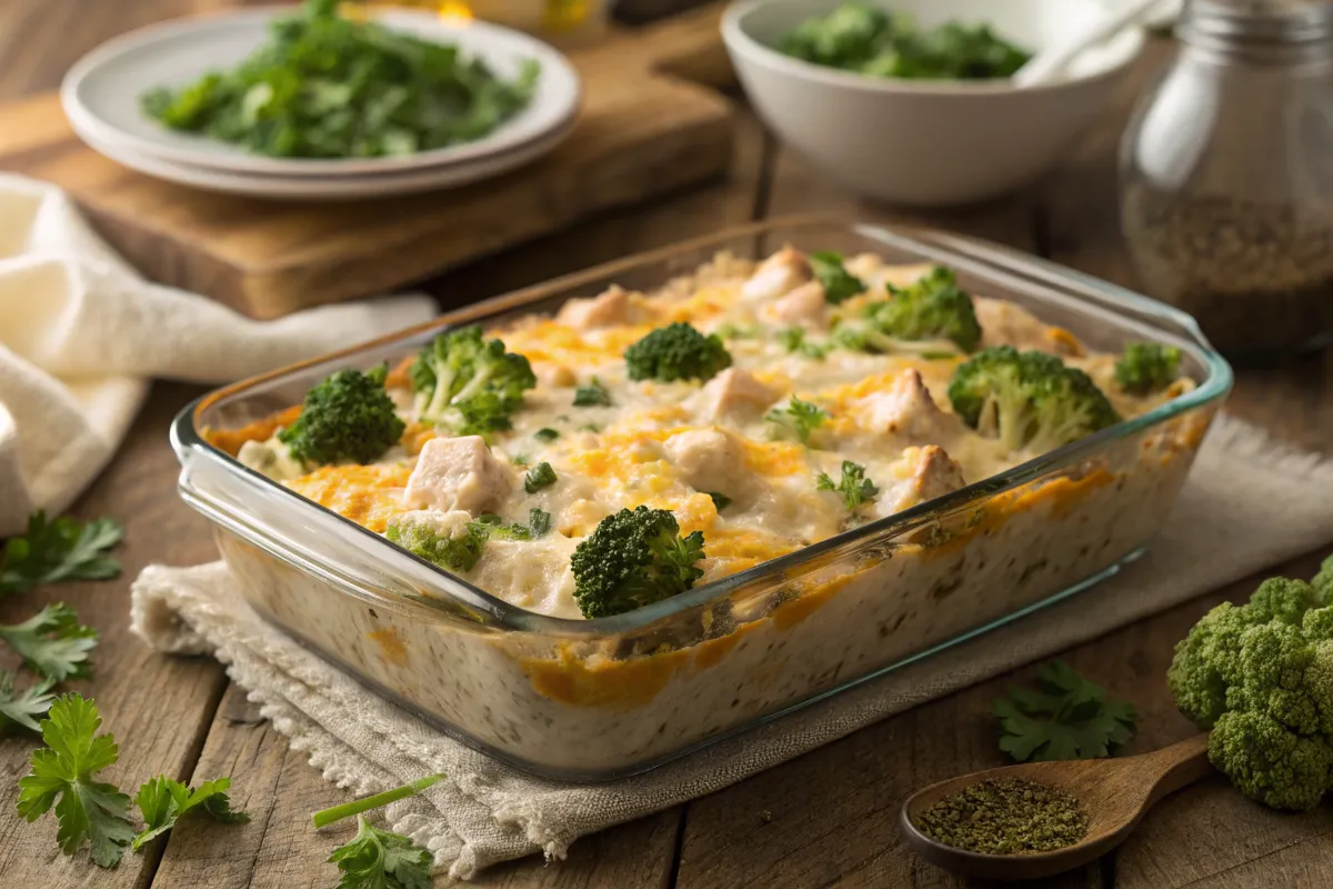 Chicken broccoli rice casserole with melted cheese and parsley.