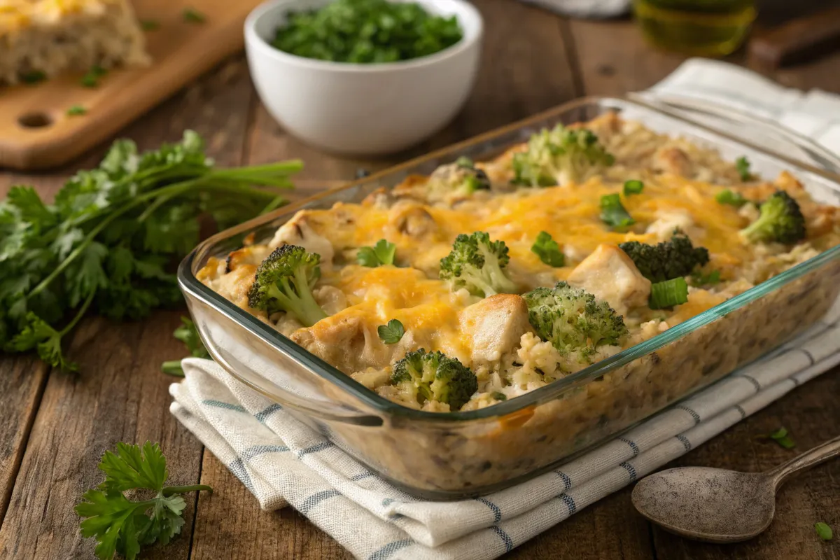 Fully baked chicken broccoli rice casserole with melted cheese and parsley.