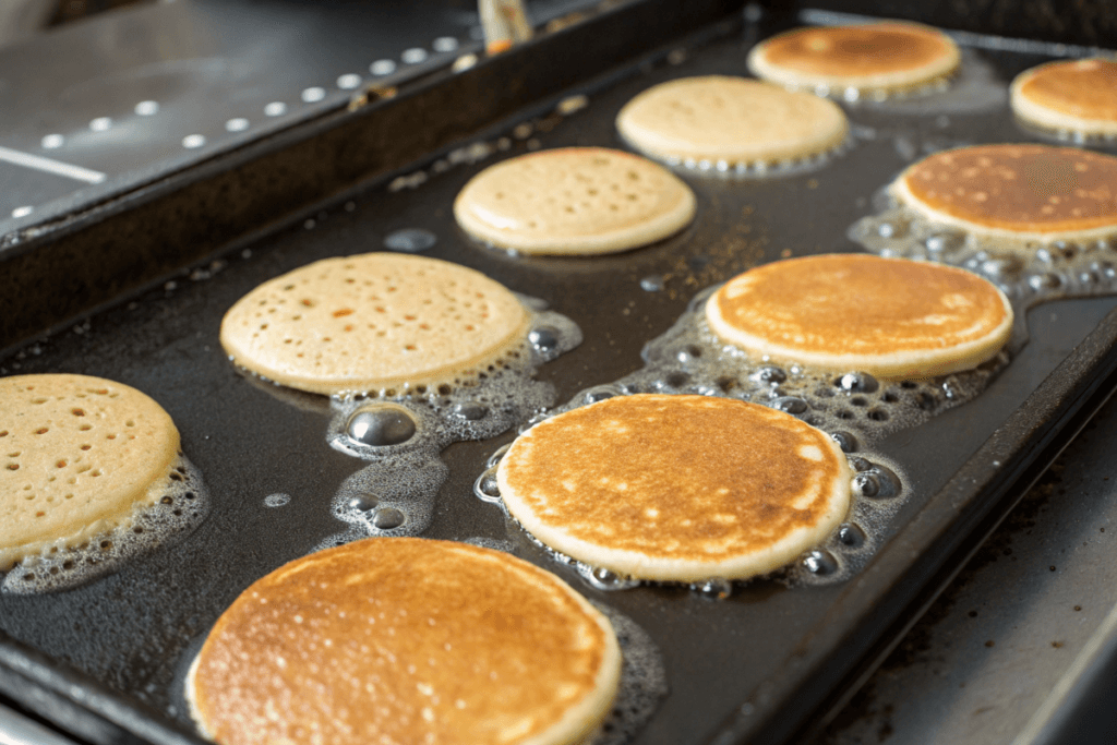 Mini pancakes cooking on a griddle with bubbles forming.