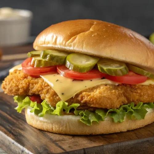 Golden crispy chicken cutlet sandwich with gooey melted cheese and tangy pickles.