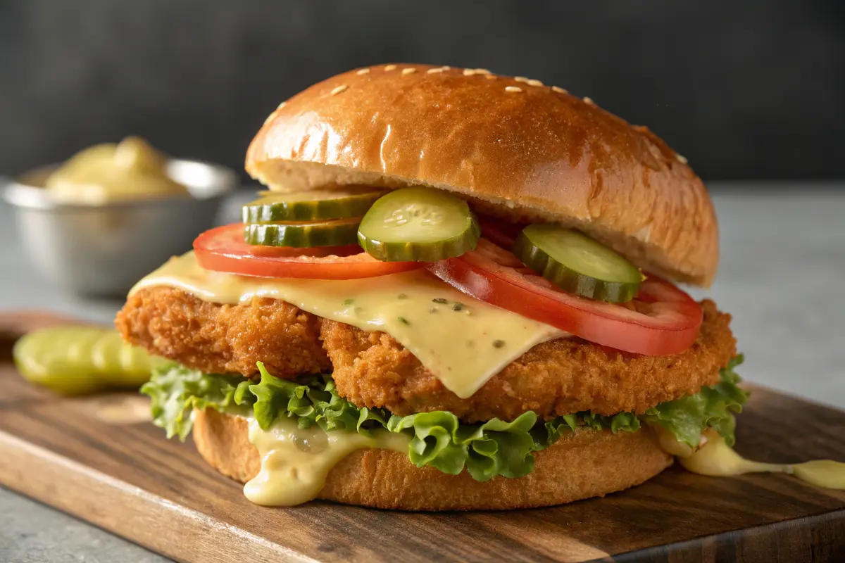 Crispy chicken cutlet sandwich with melted cheese and pickles