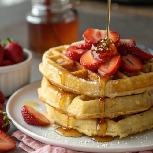 Pile of golden strawberry waffles garnished with fresh berries and syrup