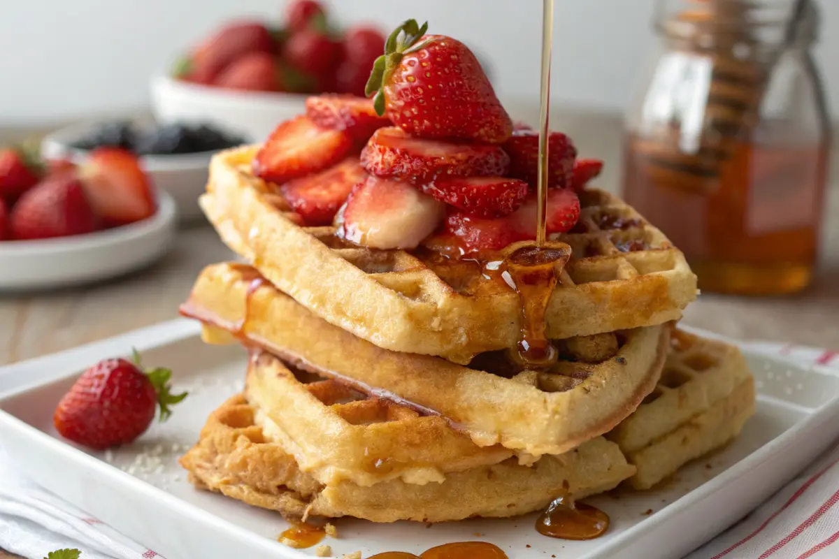 Stack of strawberry waffles with fresh strawberries and syrup