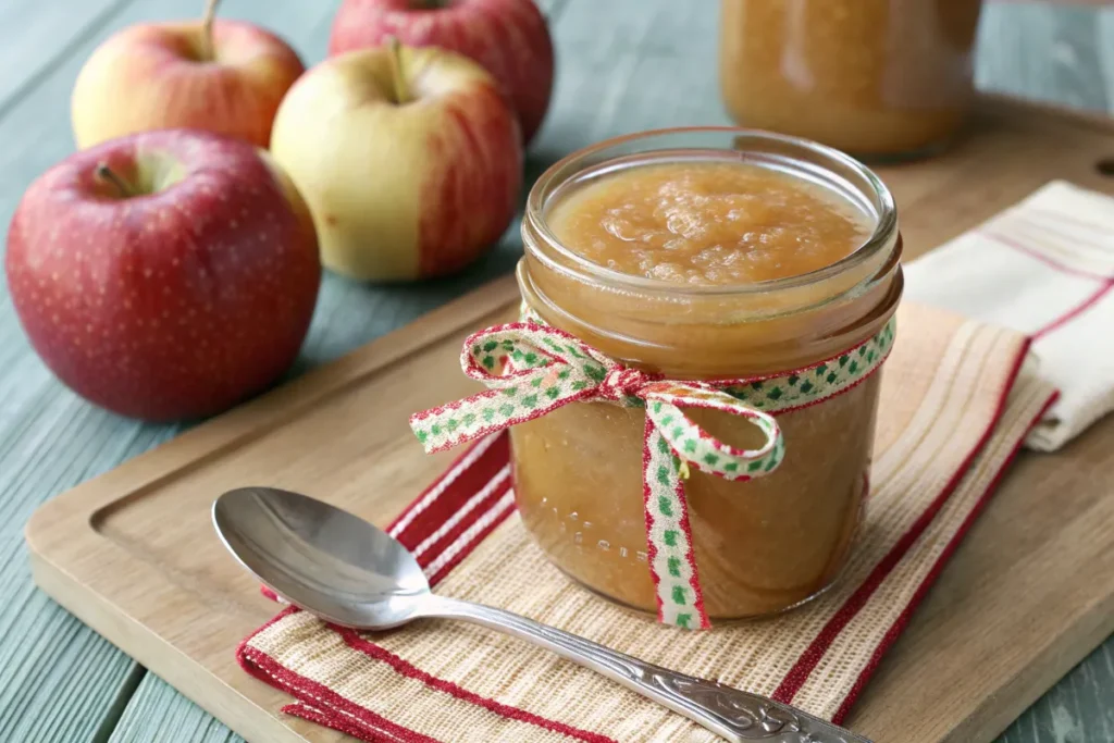 Jar of homemade cinnamon applesauce with fresh apples.