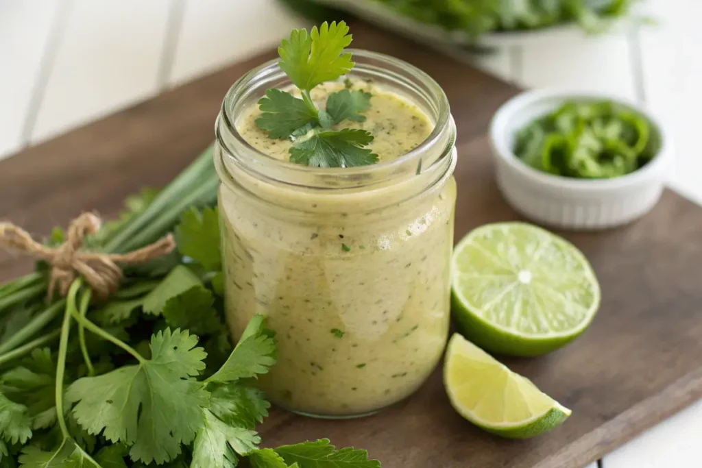 Mexican Caesar dressing in a jar with lime and cilantro