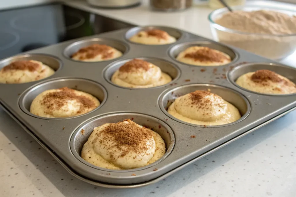 Muffin tin filled with bread and custard mixture topped with cinnamon sugar.