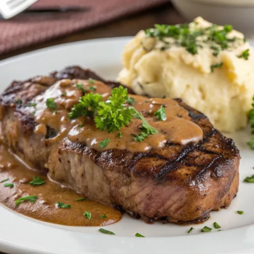 Steak Diane with creamy sauce and parsley on a white plate