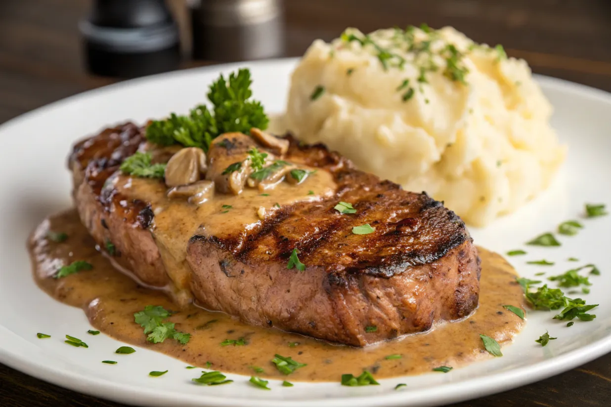 Steak Diane with creamy sauce and parsley on a white plate.