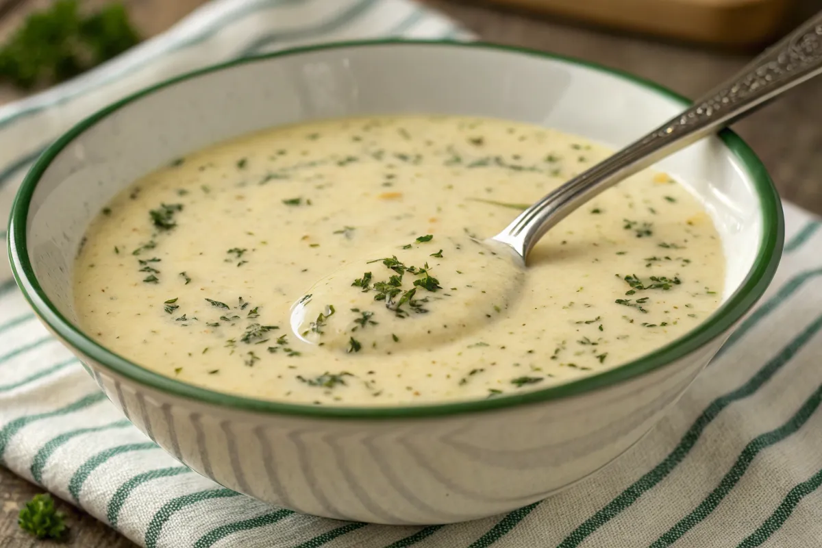 Creamy garlic parmesan sauce with fresh parsley, served in a white bowl.