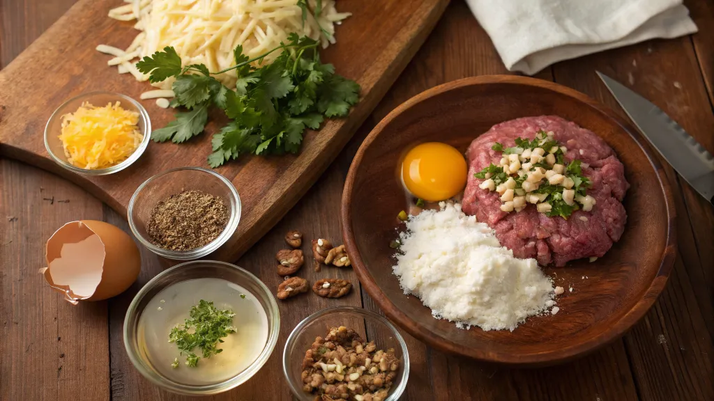 Raw meatloaf ingredients laid out on a wooden table, including ground meat, egg, cheese, nuts, breadcrumbs, spices, and fresh herbs