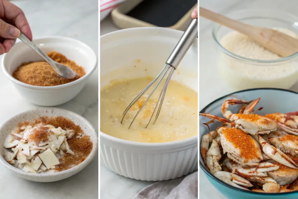 Step-by-step process of making crab brûlée, from mixing custard to caramelizing the top