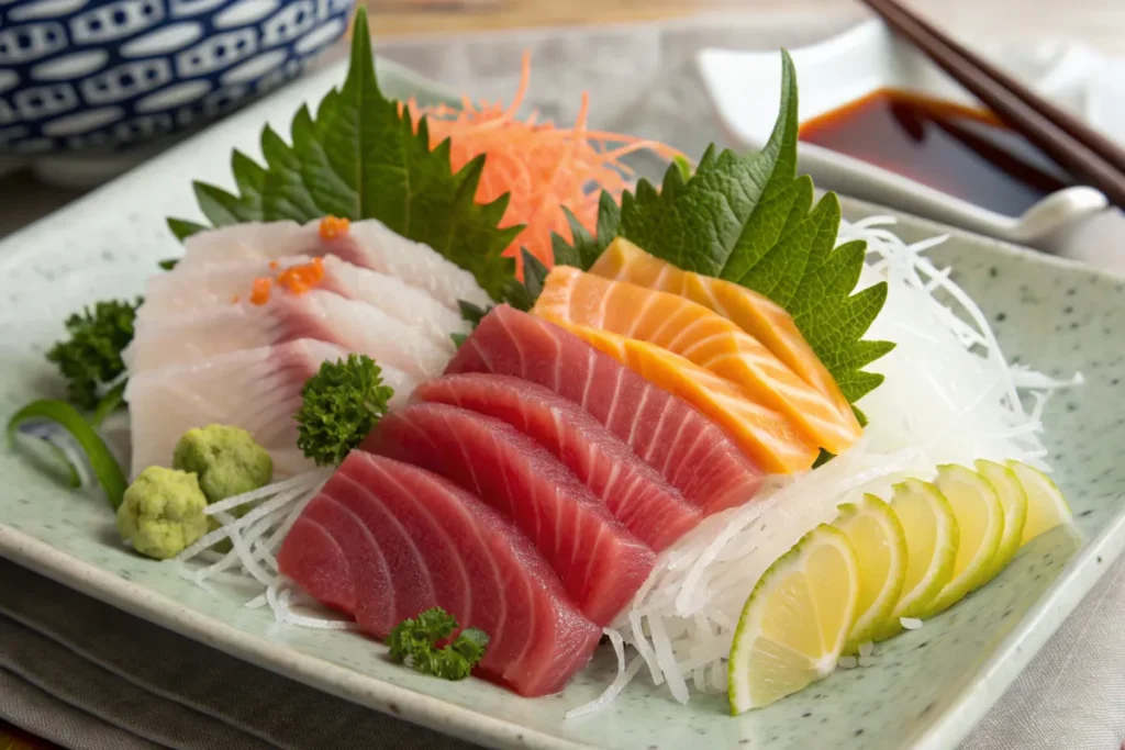 Nigiri vs Sashimi: Assorted sashimi slices with garnishes on a ceramic plate