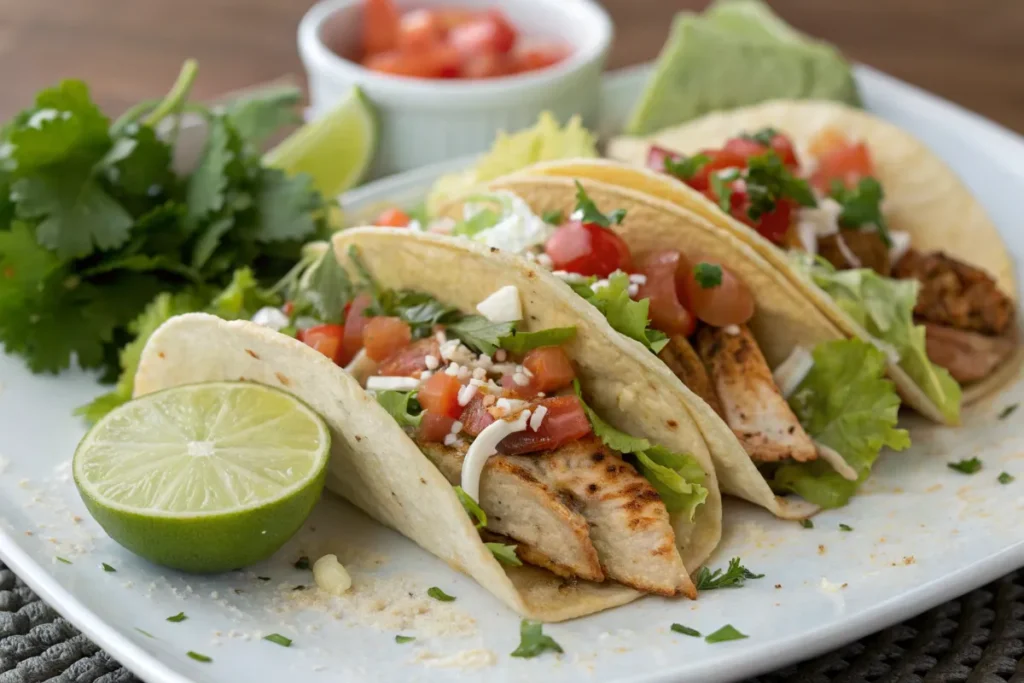 Chicken tacos seasoned with homemade taco seasoning, garnished with fresh toppings and lime wedges.