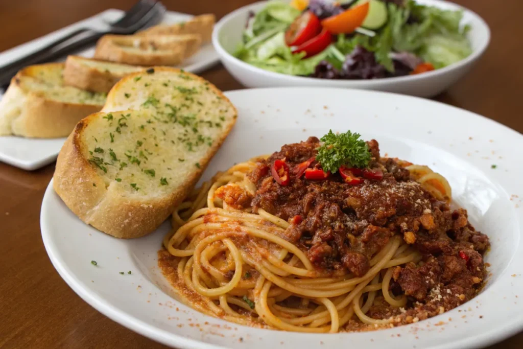 Plate of crockpot spaghetti with garlic bread and salad.