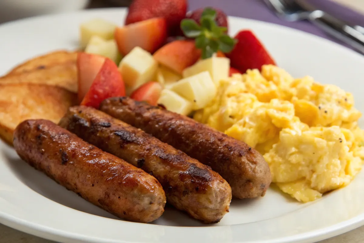 Chicken breakfast sausage served with eggs and fruit.