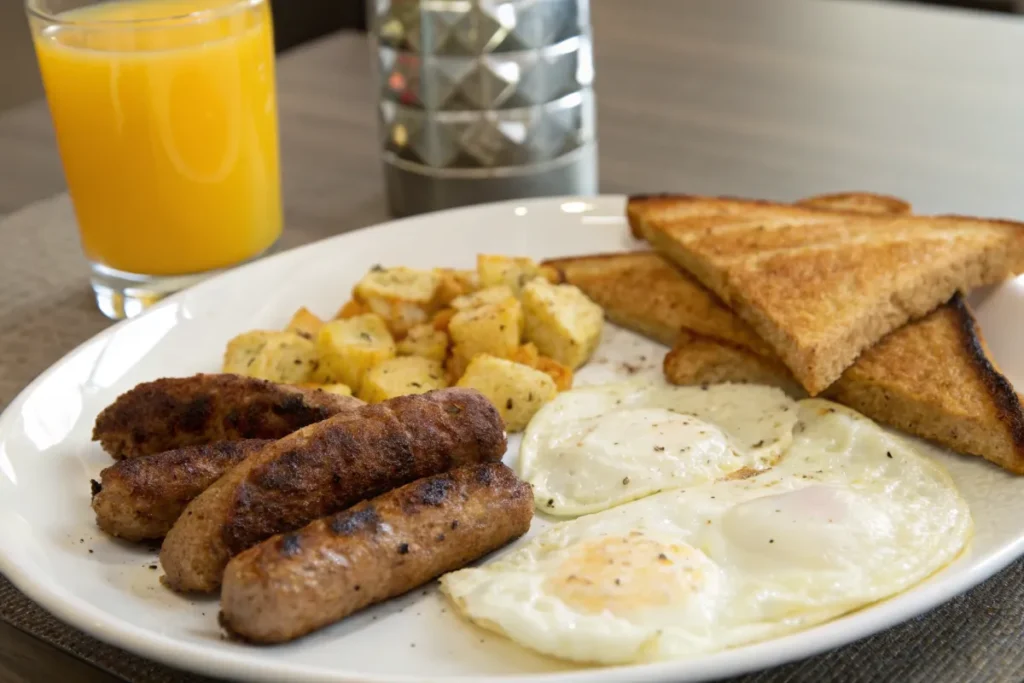 Breakfast plate with chicken sausage, toast, and eggs