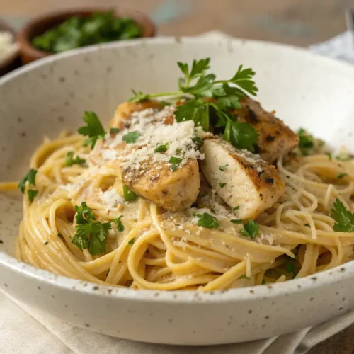 garlic parmesan chicken pasta dish topped with fresh parsley and shredded parmesan cheese