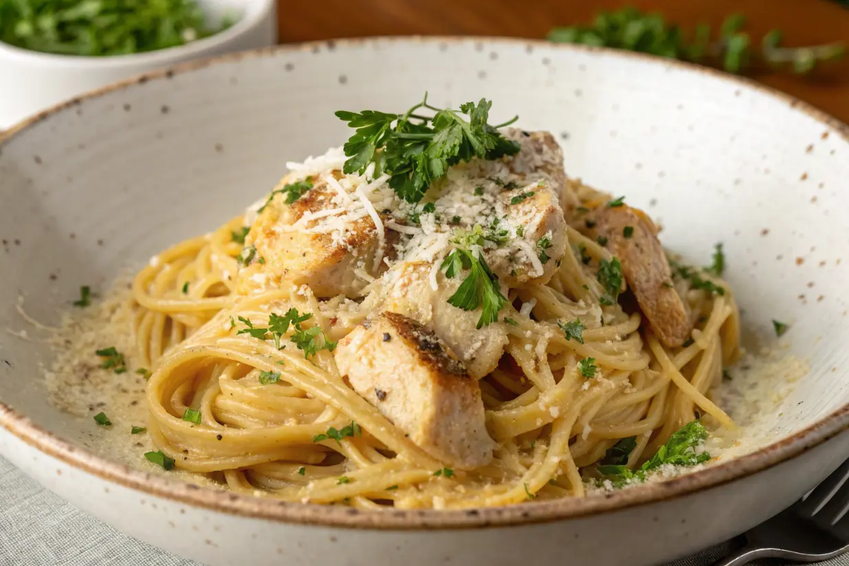 Garlic parmesan chicken pasta served in a white bowl with parsley garnish.