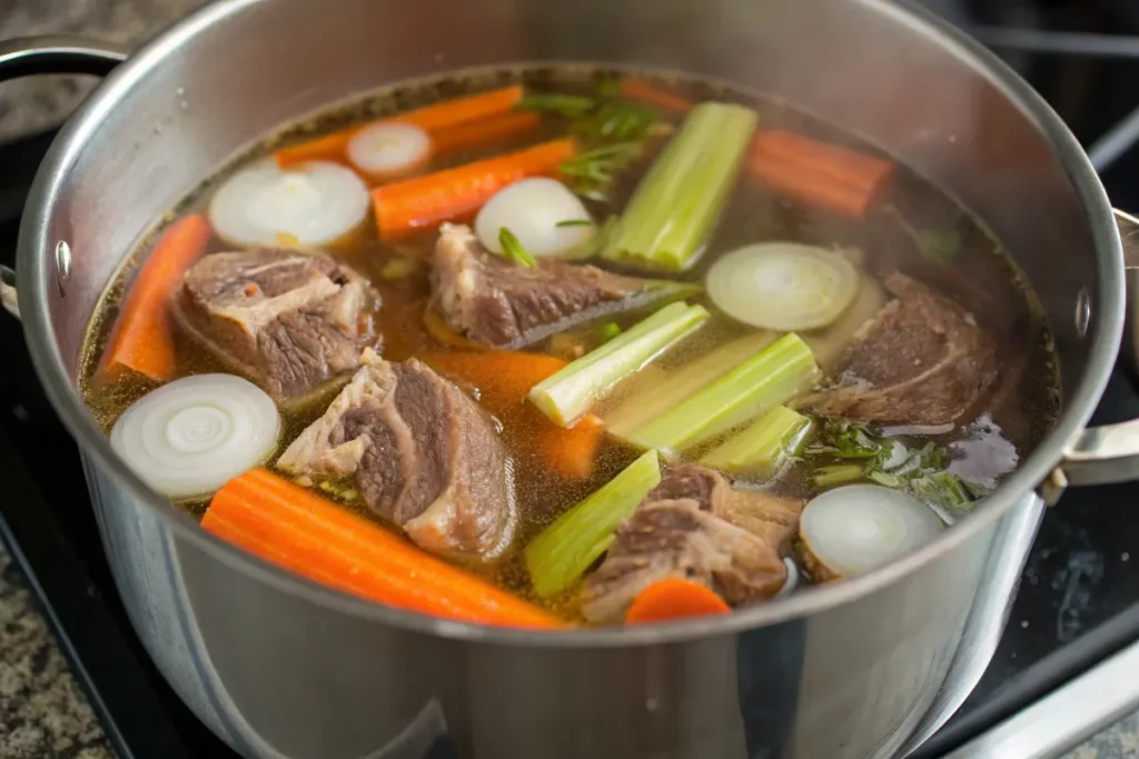 Ingredients for bone broth simmering in a pot.