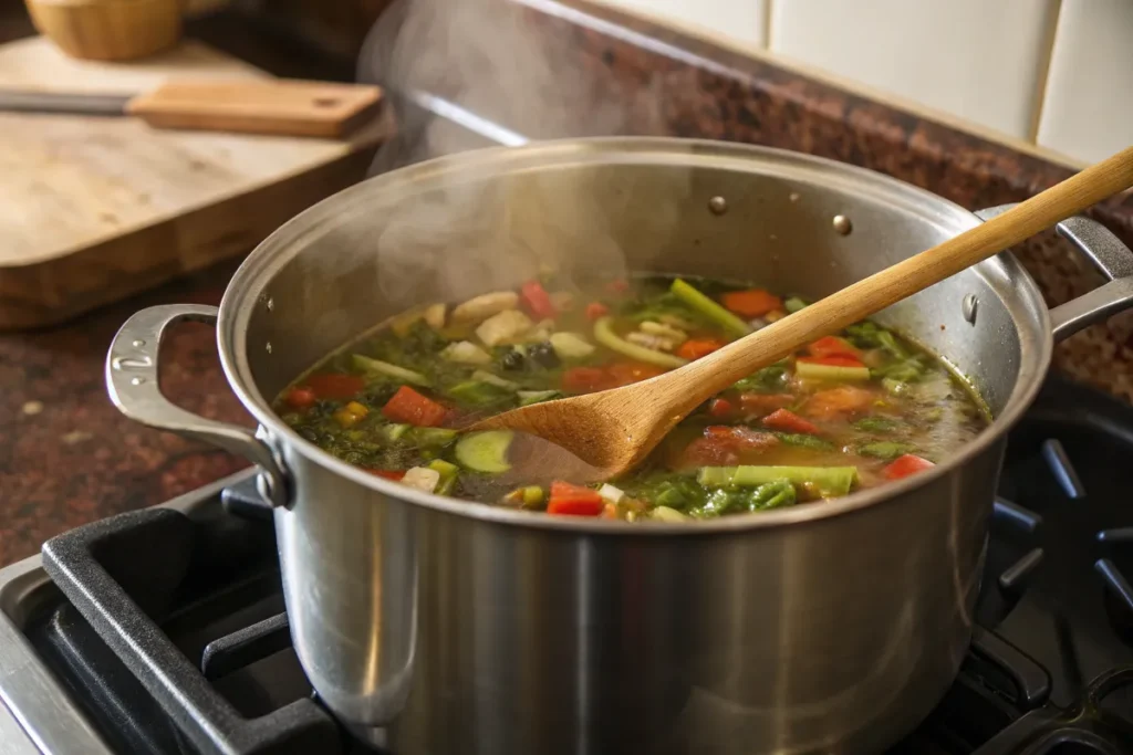 Swamp soup simmering in a pot with a wooden spoon.