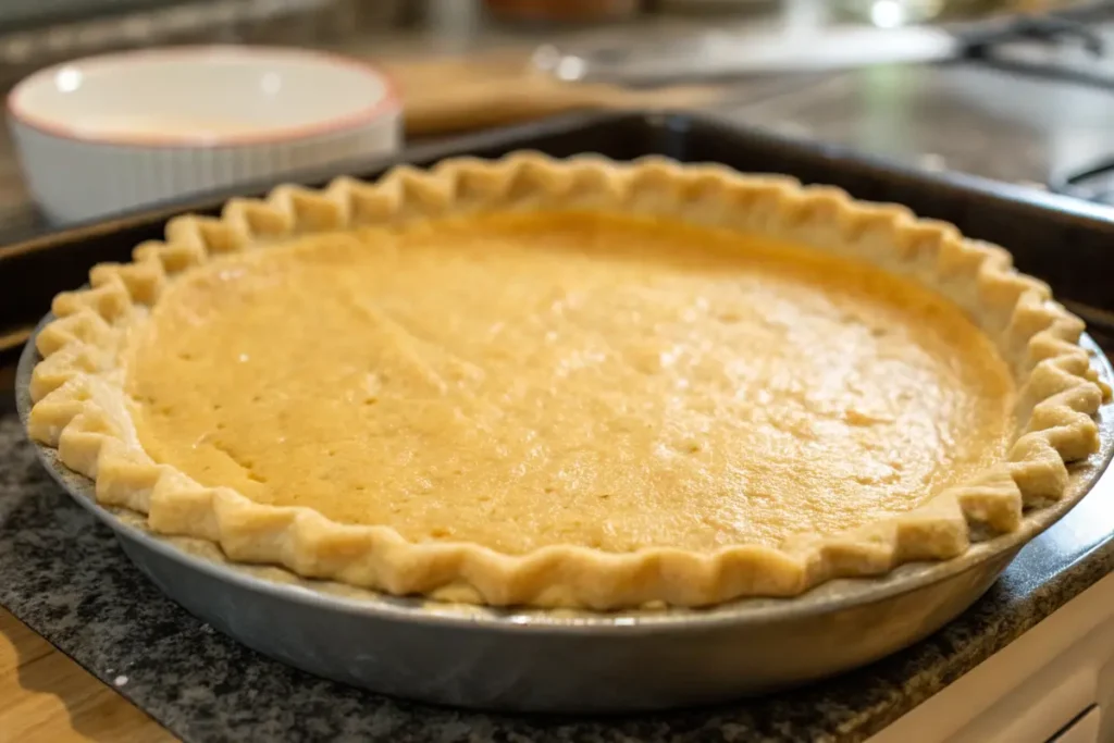 Pre-baked crust in a pie dish.