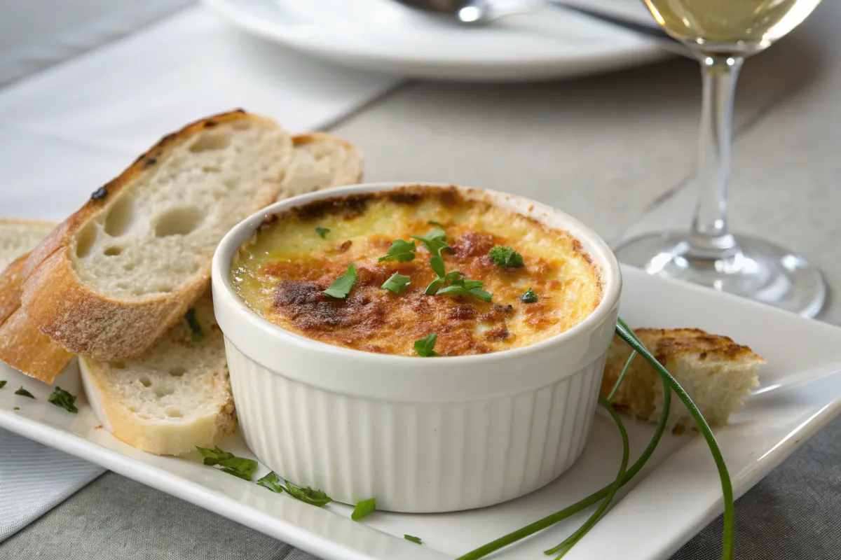Crab brûlée with caramelized top and chive garnish, served with bread and white wine.
