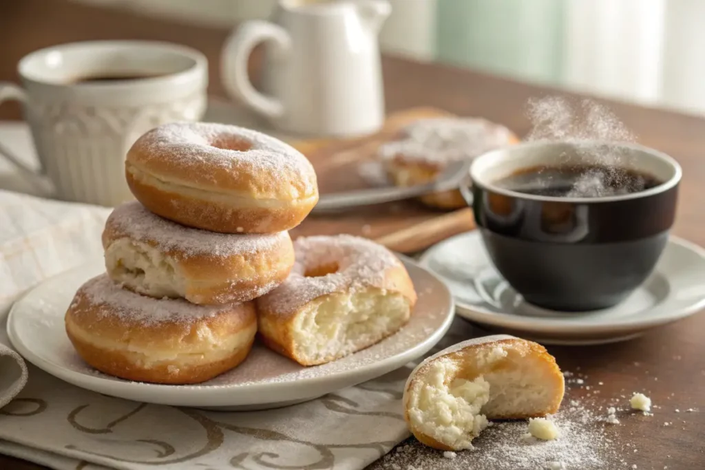 A plate of buttermilk donuts served with black coffee, showing a soft interior