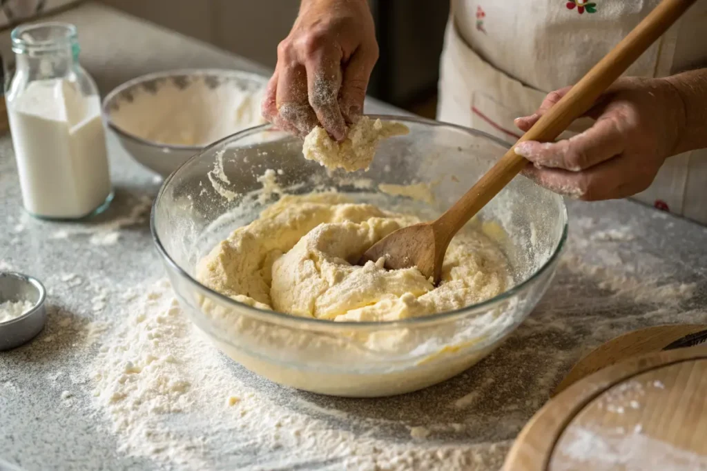 Buttermilk donut dough being mixed in a glass bowl, showing its soft texture