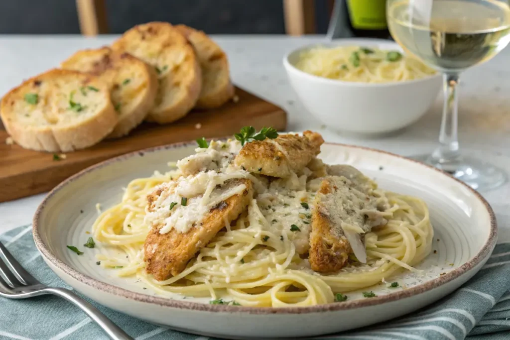 Garlic parmesan chicken pasta served with garlic bread and wine.