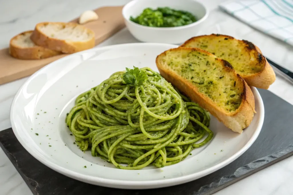 Green spaghetti served with garlic bread and white wine.