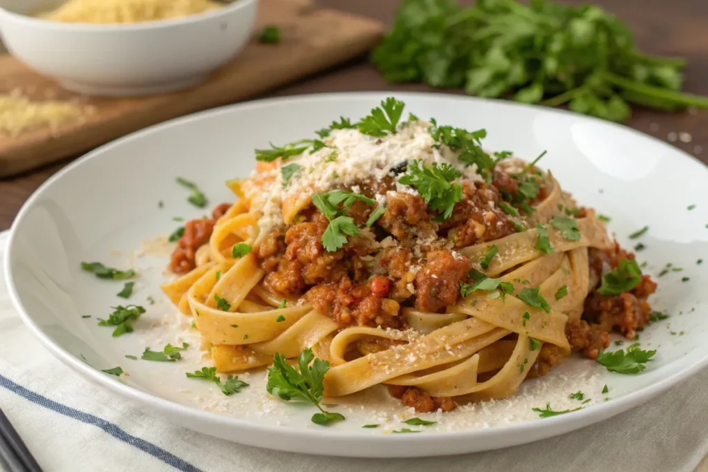 Ground turkey pasta garnished with parsley and Parmesan.