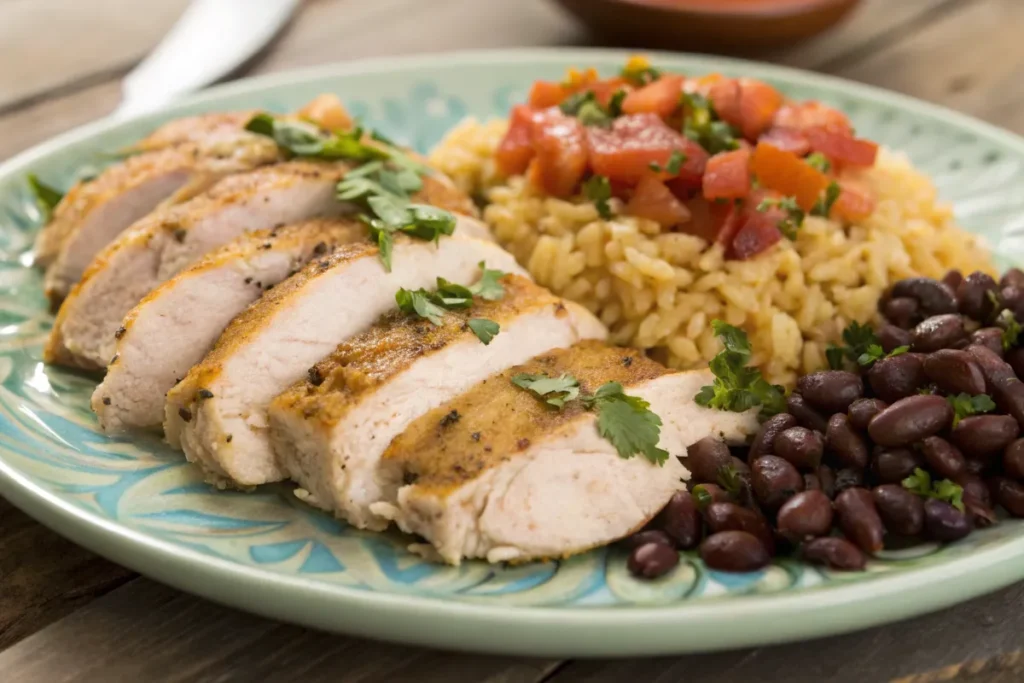 Marinated chicken served with Mexican sides.