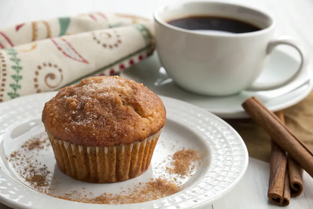 A cinnamon sugar French toast muffin served with coffee.