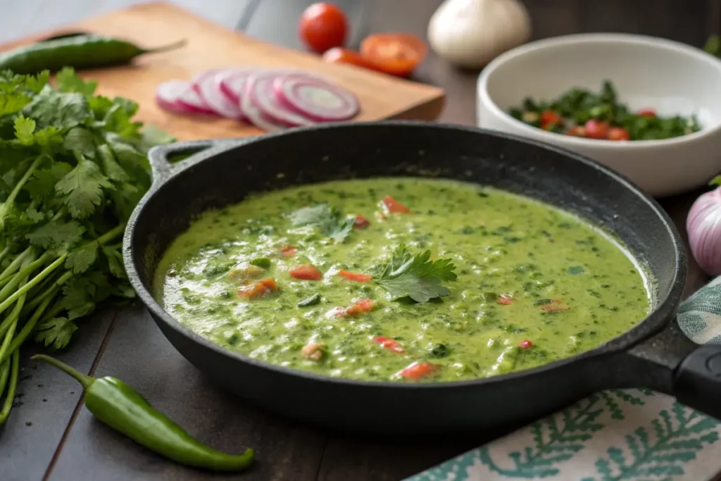 Green sauce in a skillet being stirred.